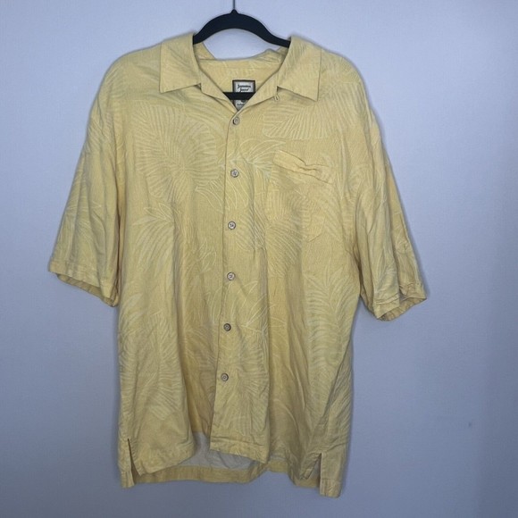 Jamaica Jaxx Shirt Men's Large Yellow Silk Hawaiian Print Button Down Silk Shirt - Picture 1 of 9
